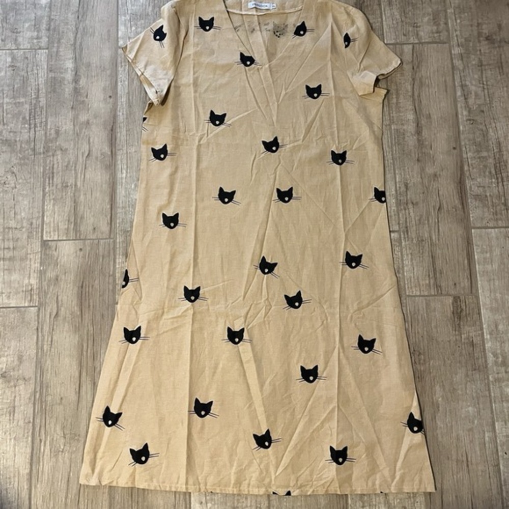 Misslook Womens 3XL Cat‎ Print V-Neck Short Sleeve Tan Shift Midi Dress 353871#